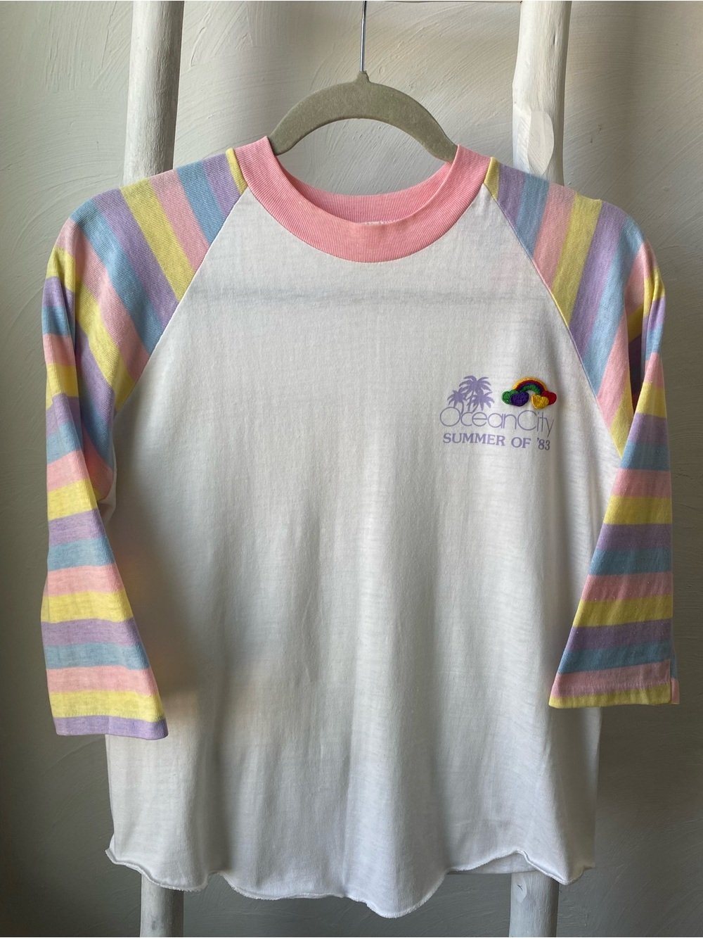 Vintage Ocean City 'Summer of '83' Pastel Stripe Raglan Tee - White & Pastel
